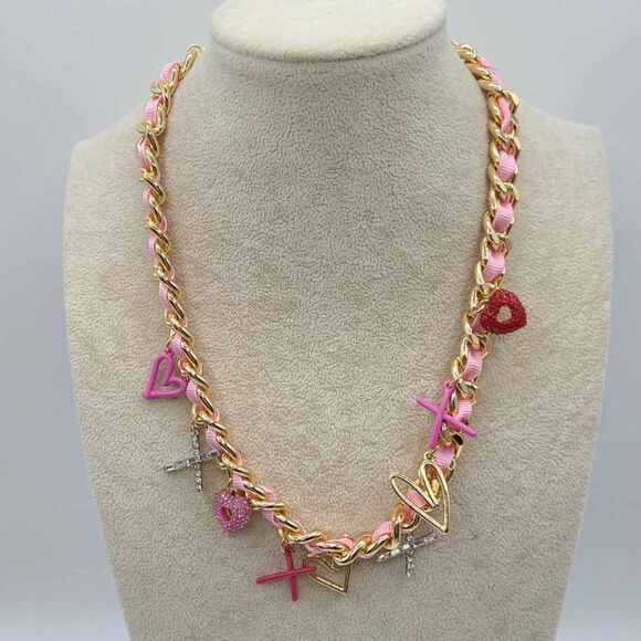 Betsey Johnson Red Gold Pink XO Charm Necklace NWT! NEW! - Picture 1 of 11